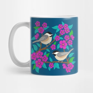 Chickadee birds among the purple flowers Mug